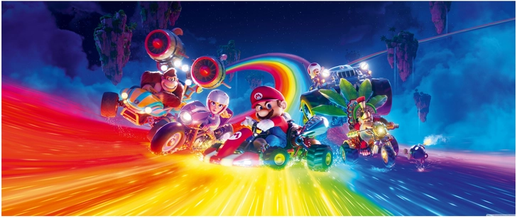 mario kart charaktere im wettkampf auf regenbogenstrecke