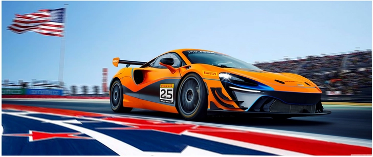 mclaren artura gt4 auf rennstrecke mit amerikanischer flagge