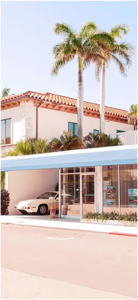 moderne architektur mit elegantem auto und tropischen palmen