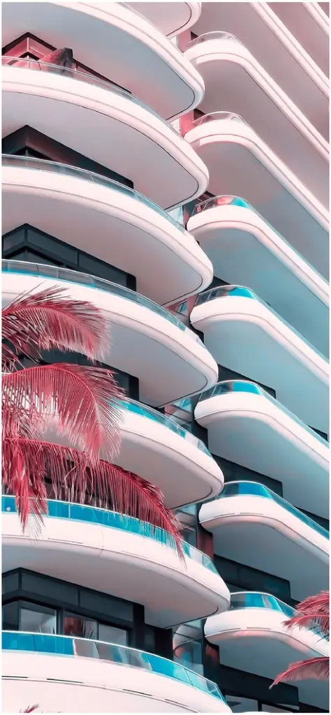 moderne architektur mit geschwungenen balkonen und palmblaettern