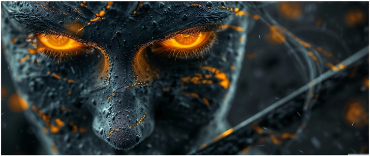mysterioeser charakter mit feurigen augen in digitaler grafik