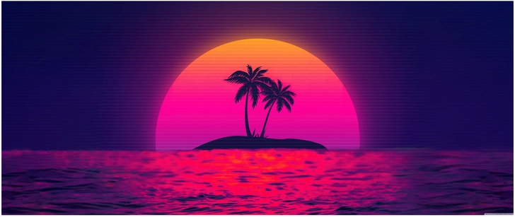 neon sonnenuntergang mit palmeninsel und meer