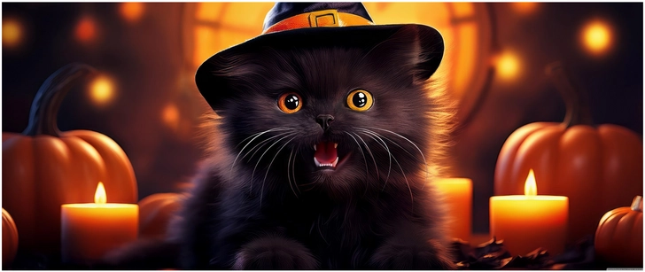 niedliche schwarze katze mit hut und kuerbis fuer halloween
