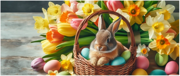 niedliches kaninchen im korb mit ostereiern und fruehlingsblumen