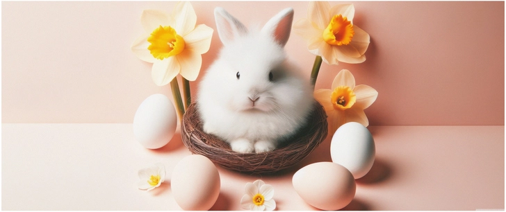 niedliches kaninchen im nest mit ostereiern und blumen