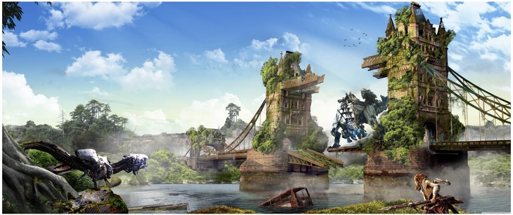 post apokalyptische landschaft mit ueberwucherten bruecken und technologie