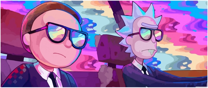 rick und morty im auto vor buntem hintergrund
