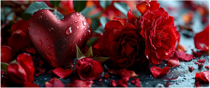 romantische rote rosen und herz mit wassertropfen
