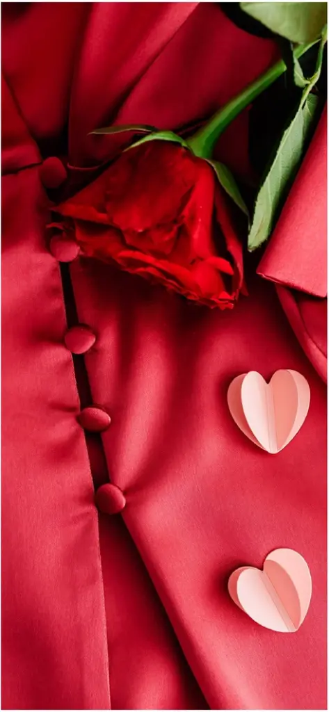 rote rose auf rotem satin mit herzkoerper dekorationen
