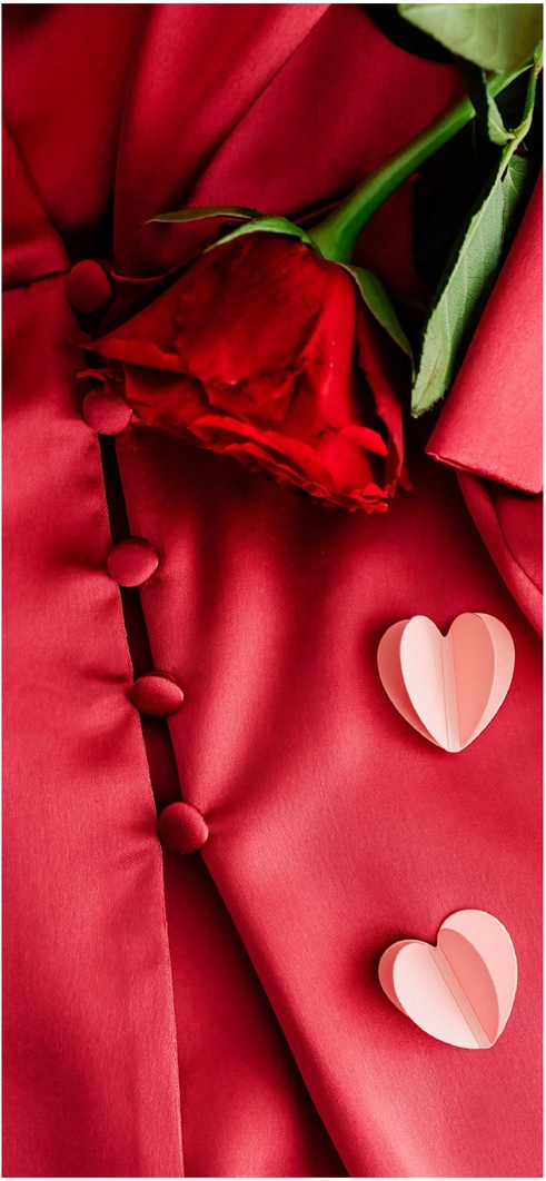 rote-rose-auf-rotem-satin-mit-herzkoerper-dekorationen