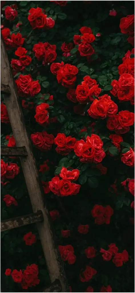 rote rosen und holzleiter im garten