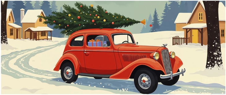 rotes auto mit weihnachtsbaum in winterlandschaft