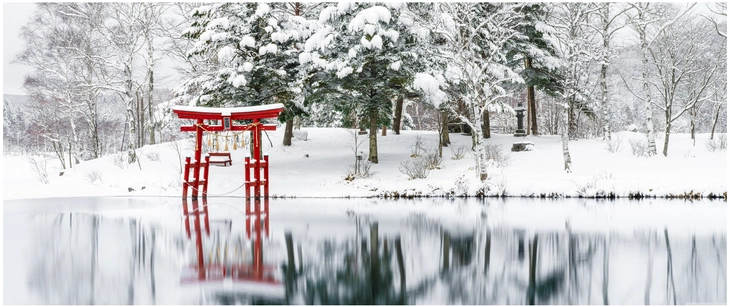 rotes torii tor im schnee spiegelung landschaft