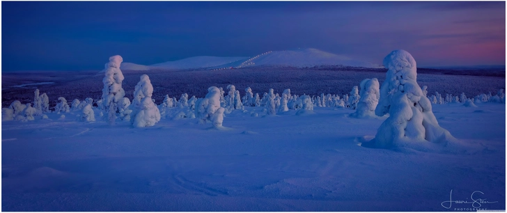 schneebedeckte finnische landschaft in daemmerung