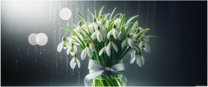 schneegloeckchen strauss in eleganter vase mit lichtakzenten