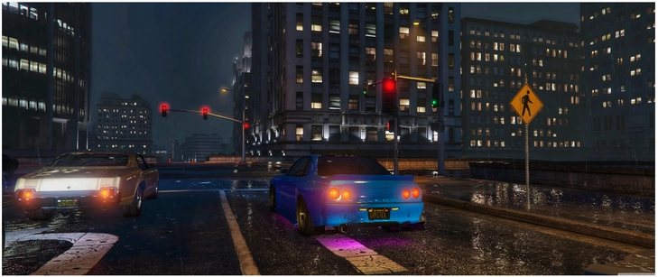 staedtische naechte mit neonlichtern und autos