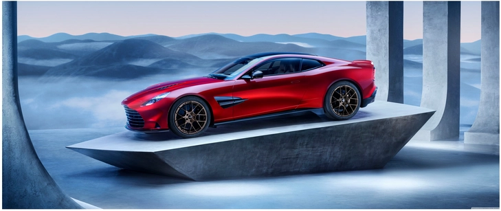 stylischer roter sportwagen auf futuristischer plattform