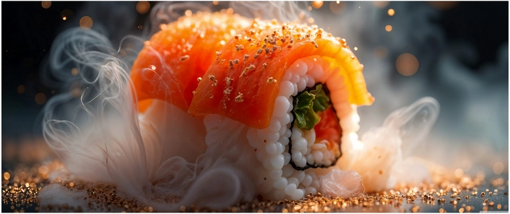 sushi kunstwerk mit rauch und glitzer