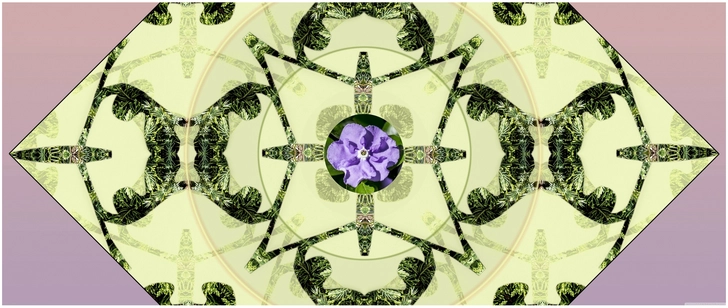 symmetrisches naturdesign mit lila blume und gruenen akzenten