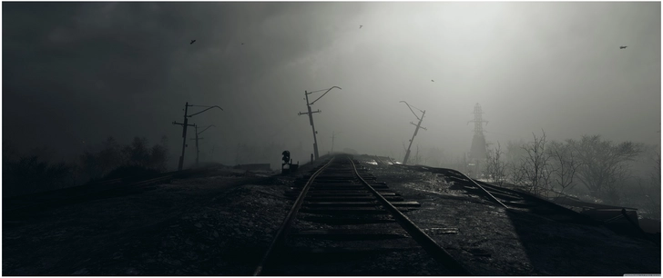 verlassene schienen in duesterer landschaft