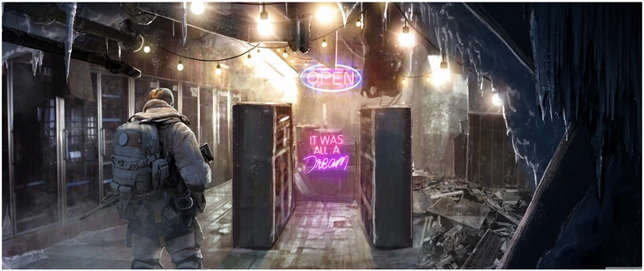 verlassene szenerie mit soldat und neonlicht
