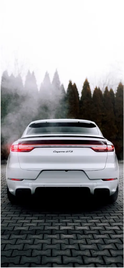 weisser porsche cayenne gts in nebliger umgebung
