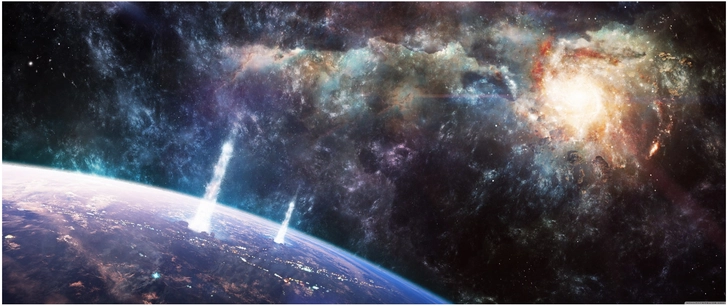 weltraumlandschaft mit erdoberflaeche und strahlen