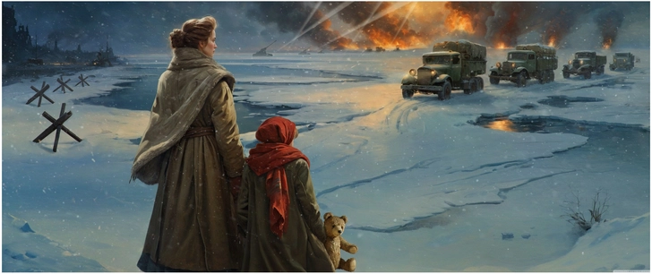 winterliche szene mit mutter und kind im kriegshintergrund