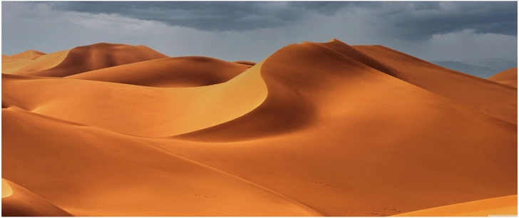 wuestenlandschaft mit goldenen sandduenen unter bewoelktem himmel