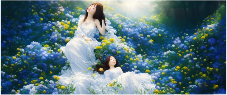 zwei frauen im bluehenden blumenfeld bei sonnenstrahlen